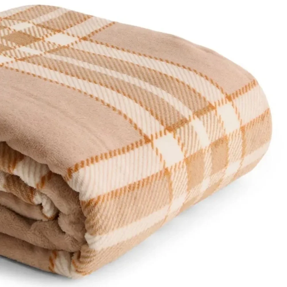 VERA BRADLEY Tan Ivory Brown Plaid Essential Throw Blanket in Fleece